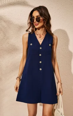 FS Collection V Neck Button Down Playsuit In Navy Blue 7 FS Collection V Neck Button Down Playsuit In Navy Blue -DRESSES SHOP 0G1A2915