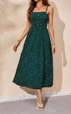 FS Collection Polka Dot Button Down Strappy Maxi Dress In Dark Green -DRESSES SHOP 0G1A293255