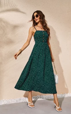 FS Collection Polka Dot Button Down Strappy Maxi Dress In Dark Green