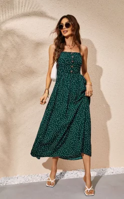 FS Collection Polka Dot Button Down Strappy Maxi Dress In Dark Green -DRESSES SHOP 0G1A294955