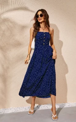 FS Collection Polka Dot Button Down Strappy Maxi Dress In Navy