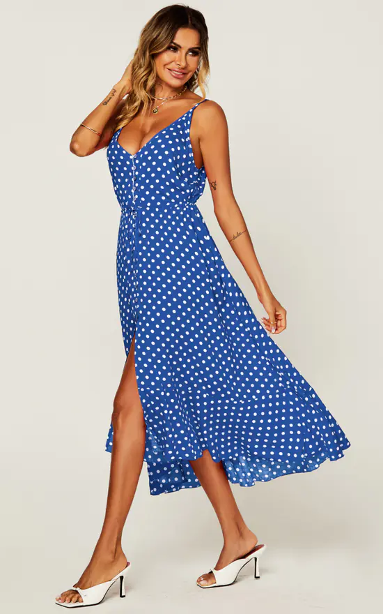 FS Collection Button Down High Low Strappy Dress In Blue & White Polka Dot 2 FS Collection Button Down High Low Strappy Dress In Blue & White Polka Dot - Image 2