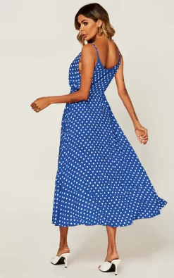 FS Collection Button Down High Low Strappy Dress In Blue & White Polka Dot 5 FS Collection Button Down High Low Strappy Dress In Blue & White Polka Dot -DRESSES SHOP 0G1A3020 Copy