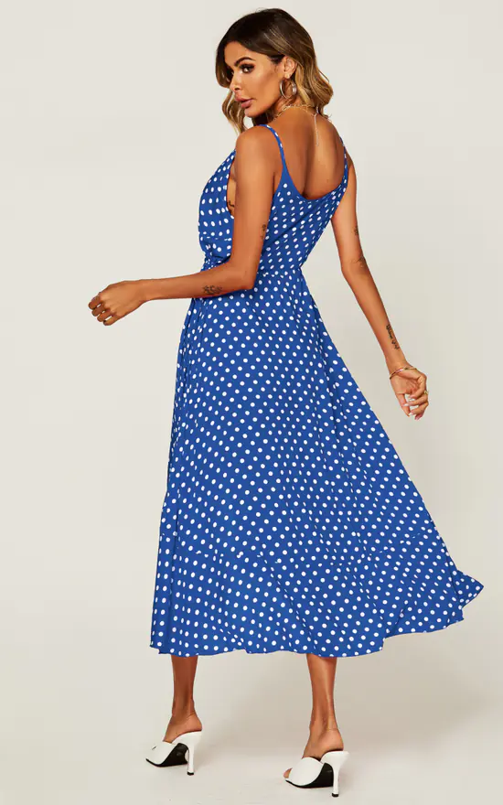 FS Collection Button Down High Low Strappy Dress In Blue & White Polka Dot 3 FS Collection Button Down High Low Strappy Dress In Blue & White Polka Dot - Image 3