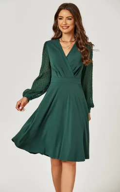 FS Collection Long Lace Sleeve Wrap Style Dress In Green -DRESSES SHOP 0G1A5533