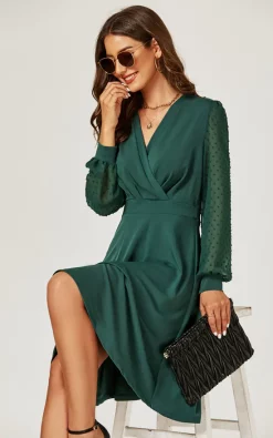 FS Collection Long Lace Sleeve Wrap Style Dress In Green -DRESSES SHOP 0G1A5557
