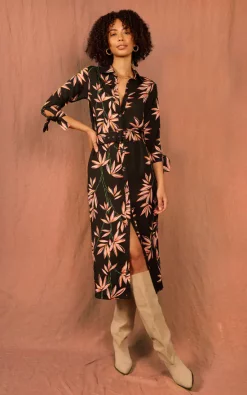 Dancing Leopard Alva Midi Shirt Dress In Bamboo Black Base
