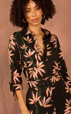 Dancing Leopard Alva Midi Shirt Dress In Bamboo Black Base -DRESSES SHOP 156