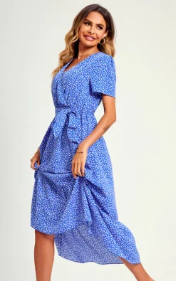 FS Collection White Little Flower Print Short Sleeve Wrap Style Midi Dress In Blue -DRESSES SHOP 1A7A5361