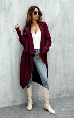 FS Collection Wine Red Chunky Pleat Oversized Cardigan