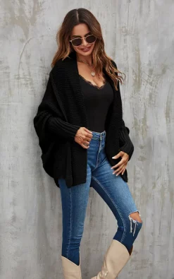 FS Collection Black Chunky Pleat Oversized Cardigan