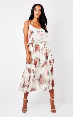 URBAN TOUCH White Floral Print Pleated Cami Midi Dress