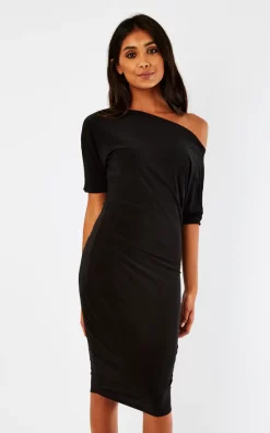 Pleat Boutique Black Lily One Shoulder 1/2 Sleeve Midi Dress