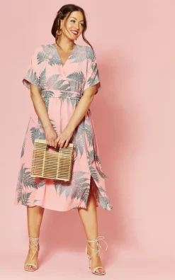 Glamorous Plus Size Pink Tropical Print Kimono Sleeve Dress