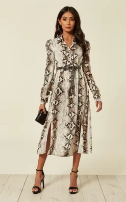 D.Anna Snake Print Side Split Long Sleeve Midi Shirt Dress