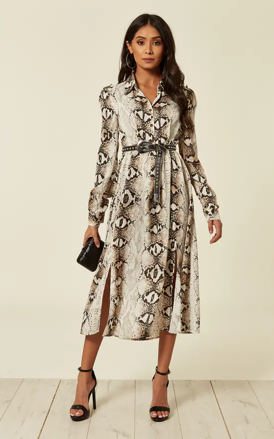 D.Anna Snake Print Side Split Long Sleeve Midi Shirt Dress 1 D.Anna Snake Print Side Split Long Sleeve Midi Shirt Dress