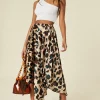 D.Anna Satin Green Leopard Pleated Asymmetrical Midi Skirt