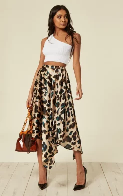 D.Anna Satin Green Leopard Pleated Asymmetrical Midi Skirt