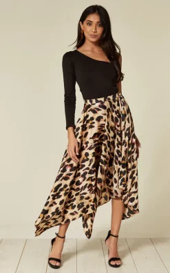 D.Anna Satin Pleated Asymmetrical Midi Skirt In Leopard Print