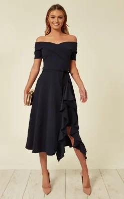Feverfish Exclusive Bardot Off Shoulder Frill Midi Dress Navy