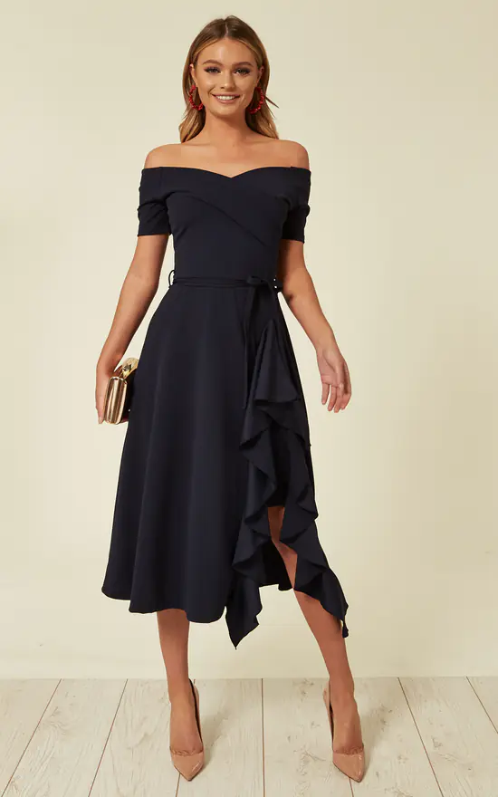 Feverfish Exclusive Bardot Off Shoulder Frill Midi Dress Navy 1 Feverfish Exclusive Bardot Off Shoulder Frill Midi Dress Navy