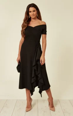 Feverfish Exclusive Bardot Off Shoulder Frill Midi Dress Black
