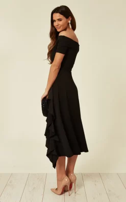 Feverfish Exclusive Bardot Off Shoulder Frill Midi Dress Black -DRESSES SHOP 2019 04 03 Ella Naomi FeverFish15002