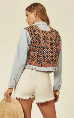 Denim Stories Cropped Light Wash Denim Jacket With Embroidery And Mirror Embellishments