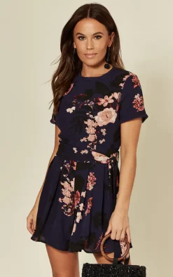 Girl In Mind Gabby Trim Detail Floral Playsuit Navy