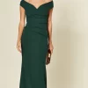 Goddiva Bardot Pleated Occasion Maxi Dress In Emerald Green