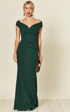 Goddiva Bardot Pleated Occasion Maxi Dress In Emerald Green