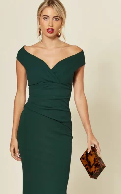 Goddiva Bardot Pleated Occasion Maxi Dress In Emerald Green -DRESSES SHOP 2019 09 04 Susie Amy Goddiva101372