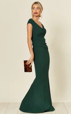 Goddiva Bardot Pleated Occasion Maxi Dress In Emerald Green -DRESSES SHOP 2019 09 04 Susie Amy Goddiva101374