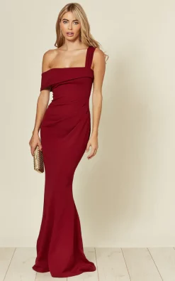 Goddiva Off The Shoulder Pleated Waist Maxi Dress In Wine Red