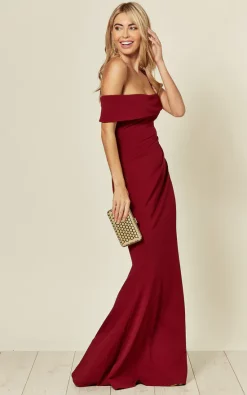Goddiva Off The Shoulder Pleated Waist Maxi Dress In Wine Red -DRESSES SHOP 2019 09 04 Susie Amy Goddiva98596