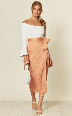 D.Anna Satin Midi Wrap Skirt In Orange/Gold Leopard Print