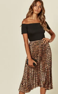 AX Paris 2 In 1 Bardot Pleated Dress In Black/Animal Print -DRESSES SHOP 2019 09 21 Susie Dom AXparis80914