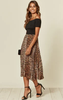 AX Paris 2 In 1 Bardot Pleated Dress In Black/Animal Print -DRESSES SHOP 2019 09 21 Susie Dom AXparis80926