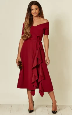 Feverfish Exclusive Bardot Off Shoulder Frill Midi Dress In Burgundy