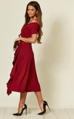 Feverfish Exclusive Bardot Off Shoulder Frill Midi Dress In Burgundy -DRESSES SHOP 2019 09 25 Jen Naomi FeverFish133319
