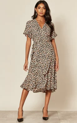 ANGELEYE Short Sleeve Wrap Midi Dress In Leopard Print
