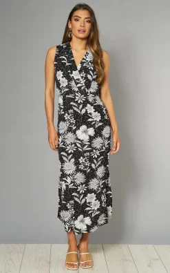 Mela London Midi Dress In Black Floral & Spot Print