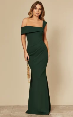 Goddiva Emerald Green Off The Shoulder Maxi Dress With Pleated Waist
