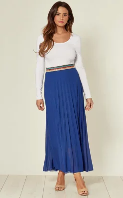 KURT MULLER Royal Blue Pleated Maxi Skirt With Elasticated Waistband