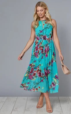 Blue Vanilla Eshal Keyhole Tie Neck Pleated Floral Midi Dress