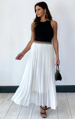 KURT MULLER White Pleated Maxi Skirt With Rainbow Elasticated Waistband -DRESSES SHOP 2020 05 05 Megan Naomi KurtMuller1