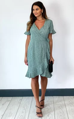 ONLY Short Sleeve Wrap Dress With Frill Hem In Green With Black Spot -DRESSES SHOP 2020 05 12 Megan Naomi Only3