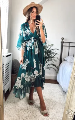 URBAN TOUCH Kimono Wrap Floral Dress Dark Green