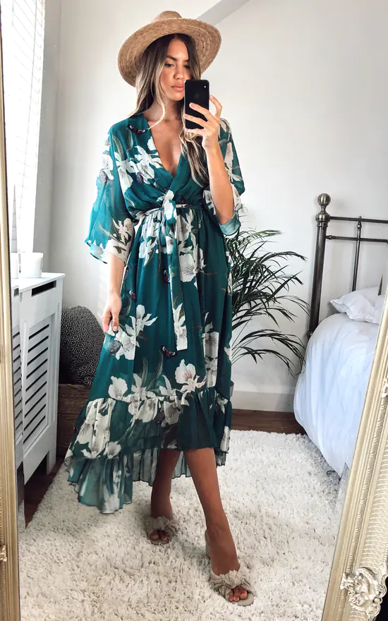 URBAN TOUCH Kimono Wrap Floral Dress Dark Green 1 URBAN TOUCH Kimono Wrap Floral Dress Dark Green