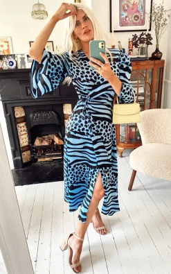 Liquorish Midi Wrap Dress In Blue Animal Print